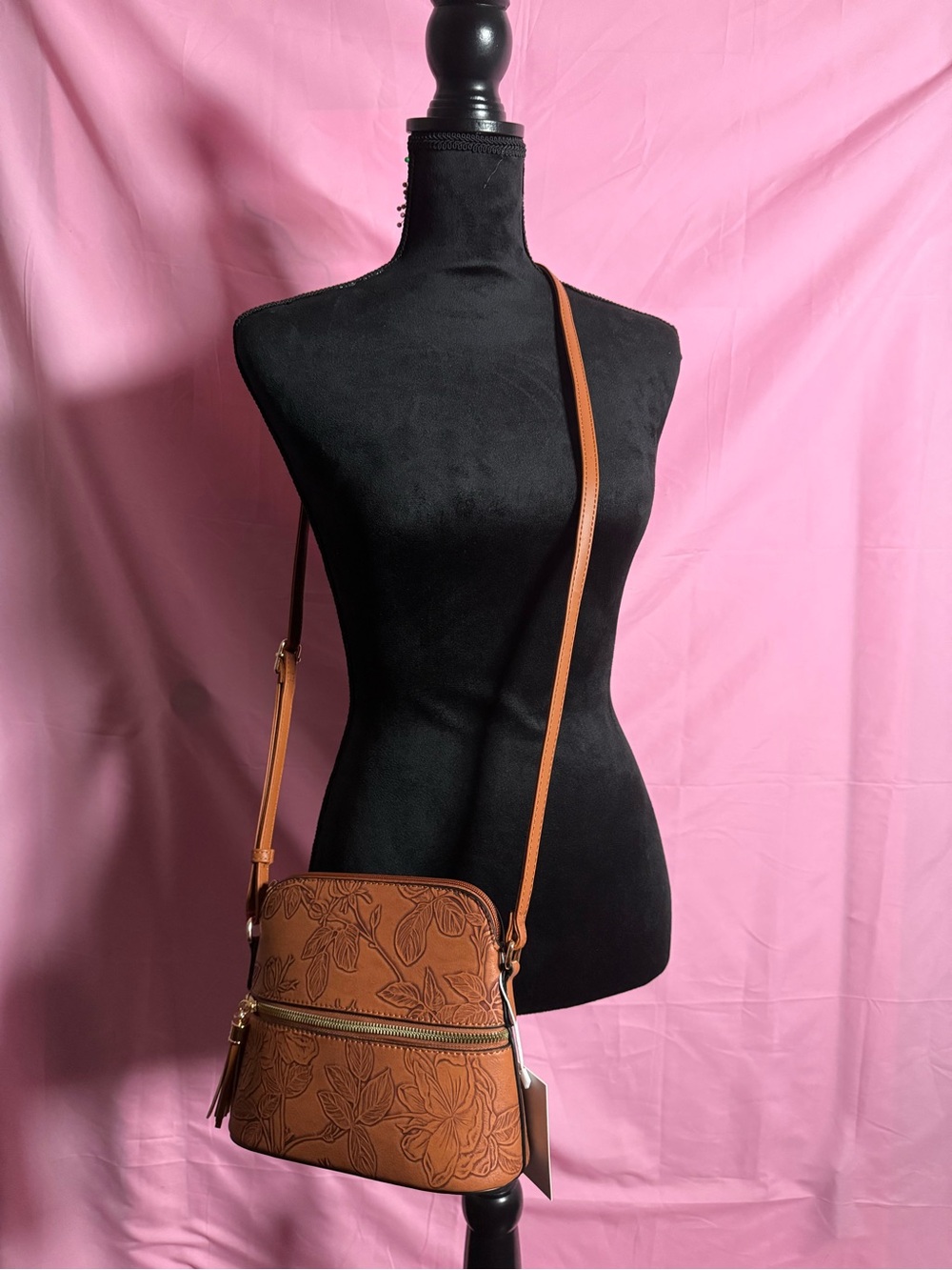 Embossed Floral Crossbody Bag in Tan — Adjustable Strap